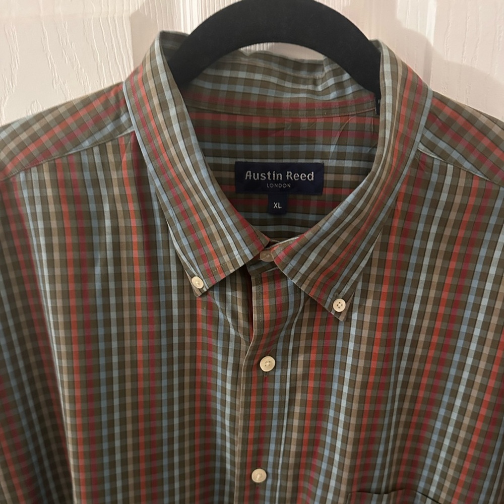 Red and Blue Casual Button Down Shirt with Plaid Pattern